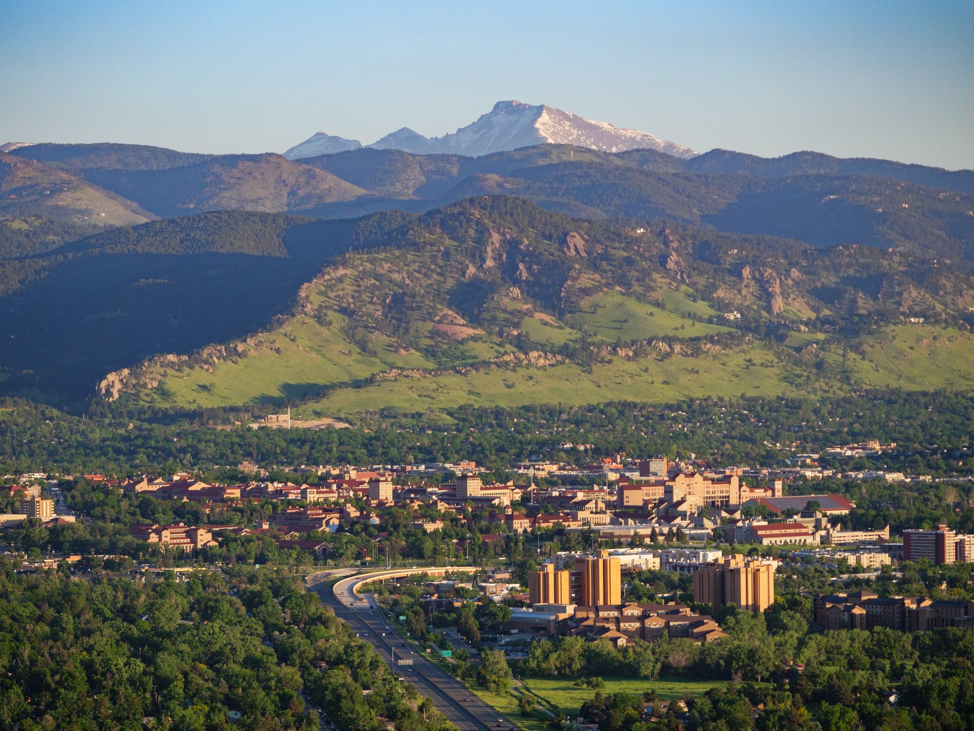 2021 aerial of Boulder and the CU Boulder campus